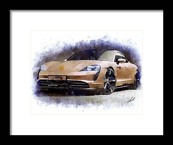 Watercolor Framed Print featuring the painting Watercolor Porsche Taycan - oryginal artwork by Vart. by Vart Studio