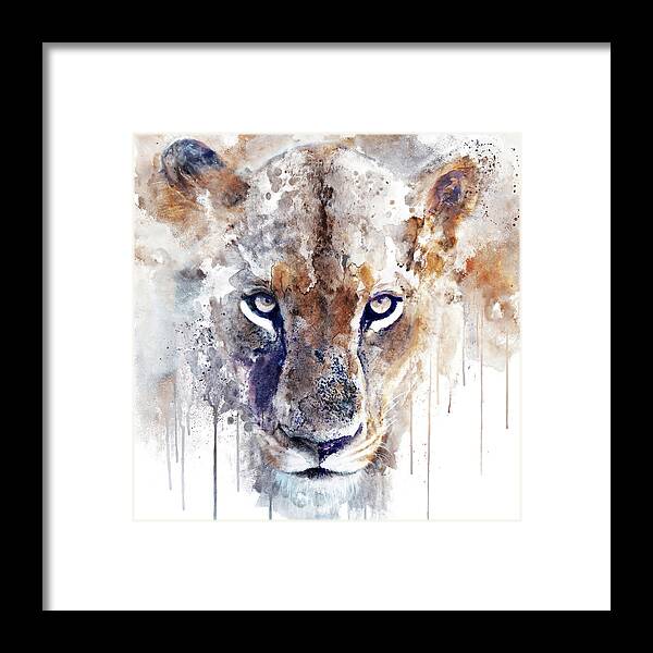 Marian Voicu Framed Print featuring the painting Watercolor Portrait - Lioness Hypnotizing Eyes Staring Back at You by Marian Voicu