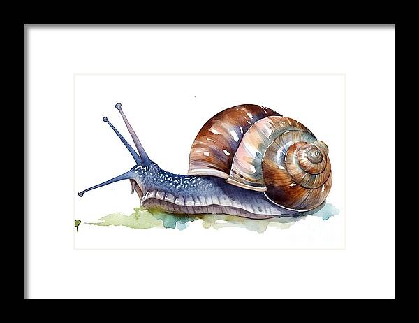 Closeup Framed Print featuring the painting Watercolor single snail animal isolated on a white background il by N Akkash