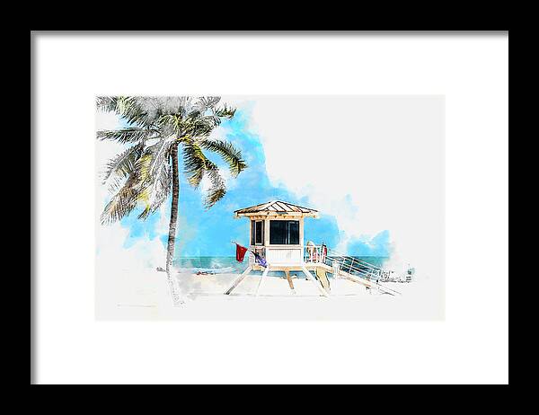 Lifeguard Tower Framed Print featuring the digital art Watercolor sketch of lifeguard tower in Fort Lauderdale USA by Maria Kray