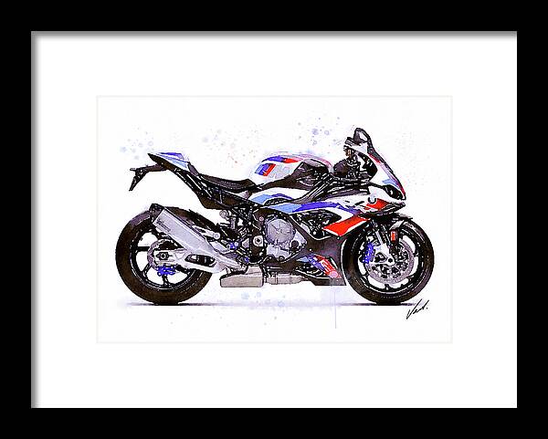 Sport Framed Print featuring the painting Watercolor Sport Motorcycle BMW S1000RR - original artwork by Vart. by Vart Studio