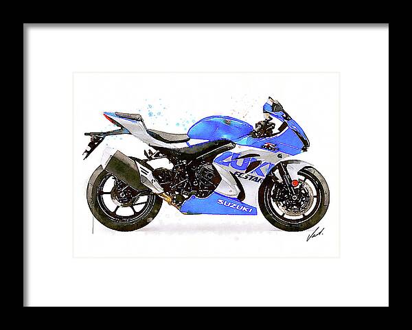 Sport Framed Print featuring the painting Watercolor Suzuki GSX-R 1000 motorcycle - oryginal artwork by Vart. by Vart Studio