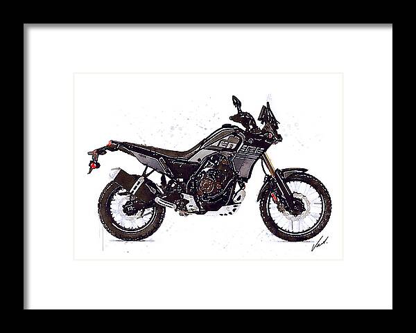 Adventure Framed Print featuring the painting Watercolor Yamaha Tenere 700 black motorcycle - oryginal artwork by Vart. by Vart Studio