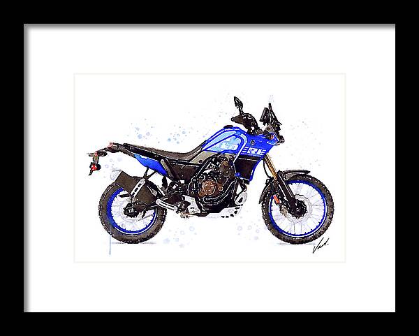 Adventure Framed Print featuring the painting Watercolor Yamaha Tenere 700 blue motorcycle - oryginal artwork by Vart. by Vart Studio