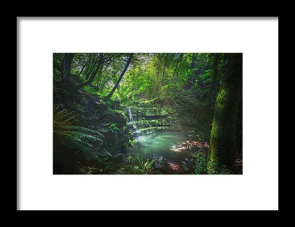 Waterfall Framed Print featuring the photograph Waterfall inside a forest. Chianni, Tuscany by Stefano Orazzini