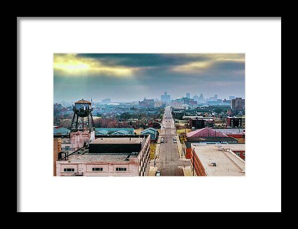 Detroit Framed Print featuring the photograph Watertower Skyline V2 DJI_0690 by Michael Thomas