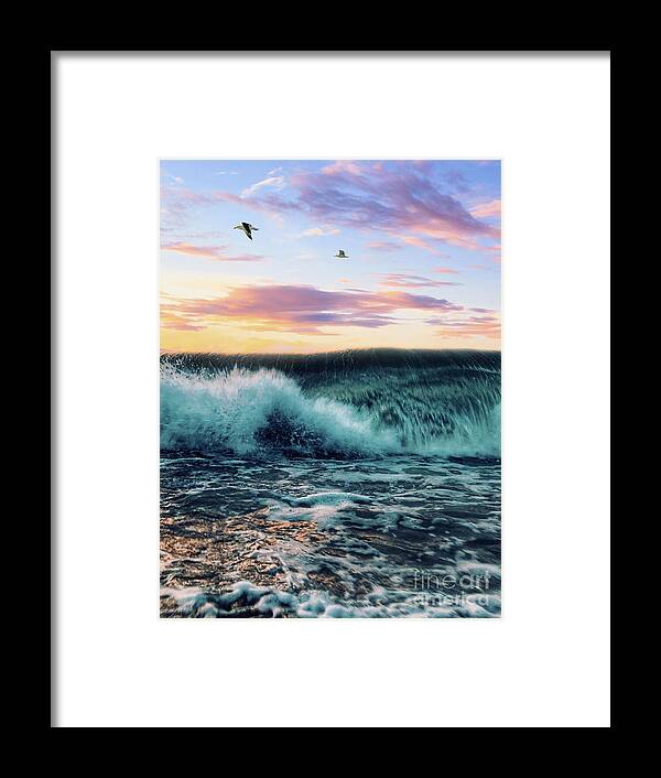 Seagulls Framed Print featuring the digital art Waves Crashing At Sunset by Phil Perkins