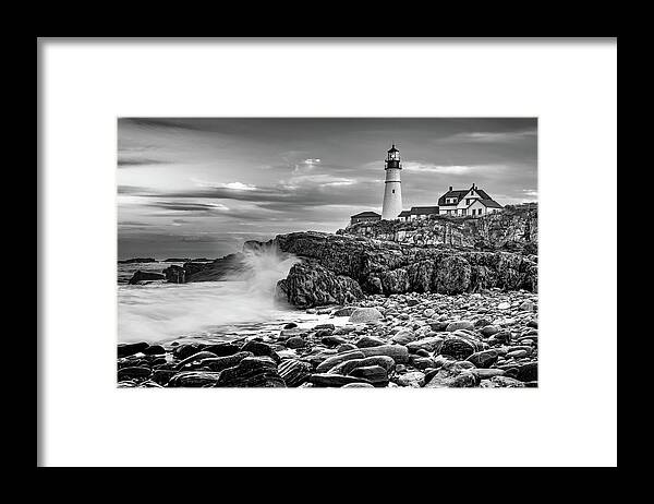 Portland Head Light Framed Print featuring the photograph Waves Crashing Near Portland Head Light Maine Monochrome by Gregory Ballos