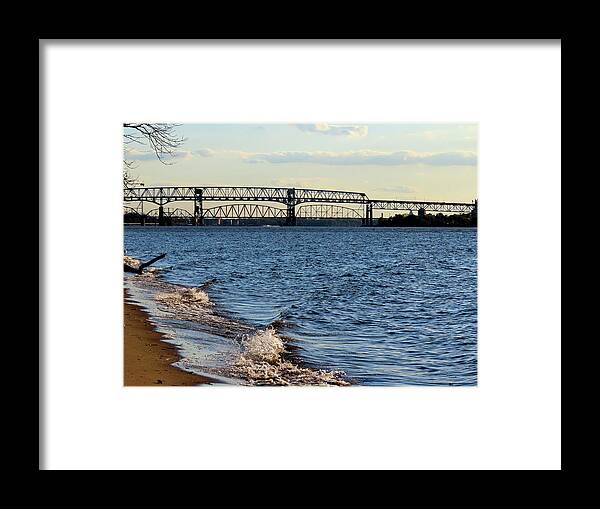 River Framed Print featuring the photograph Waves Lapping the Shore of the Delaware River Near Betsy Ross and Delair Memorial Railroad Bridges by Linda Stern