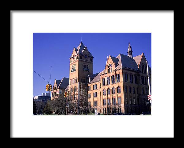 Education Framed Print featuring the photograph Wayne State University, Old main building with historic landmark architecture, Detroit, Michigan by Barry Winiker