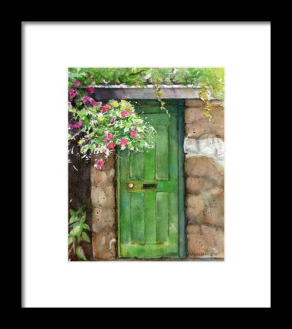 Painting Weathered Door Framed Print featuring the painting Weathered door and flowers by Rebecca Matthews