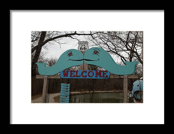 Route 66 Roadside Attraction Framed Print featuring the photograph Welcome sign for the Blue Whale of Catoosa Oklahoma on Historic Route 66 by Eldon McGraw