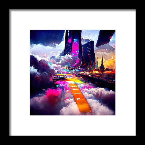 Cyberpunk Framed Print featuring the painting Welcome to Cloud City, 03 by AM FineArtPrints