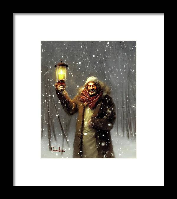 Snowstorm Framed Print featuring the digital art Welcoming Fellow in the Snow #1 by Annalisa Rivera-Franz