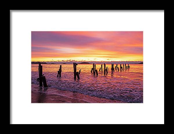 Beverly Framed Print featuring the photograph West Beach Vibrant Sunrise over the Pilings Beverly Massachusetts Morning by Toby McGuire