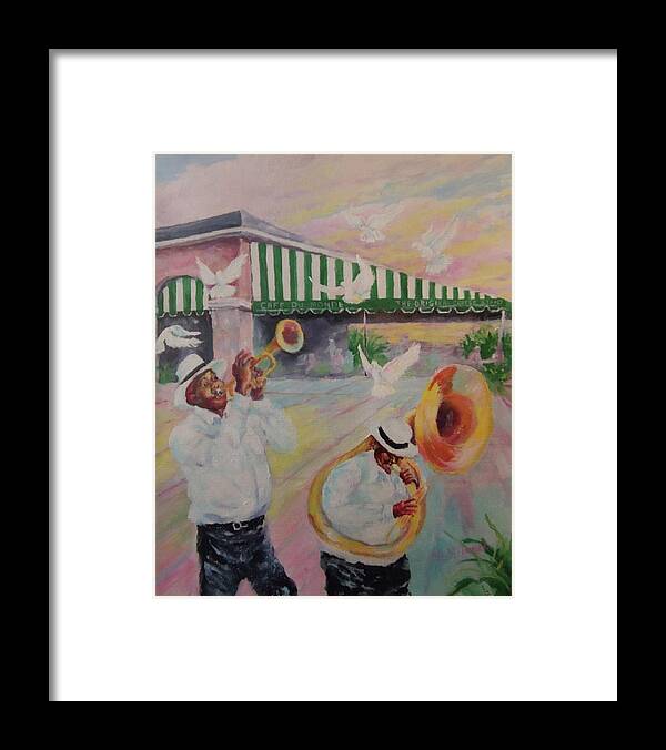 Mardi Gras Framed Print featuring the painting When the Saints Go Marching In--Cafe Du Monde by ML McCormick