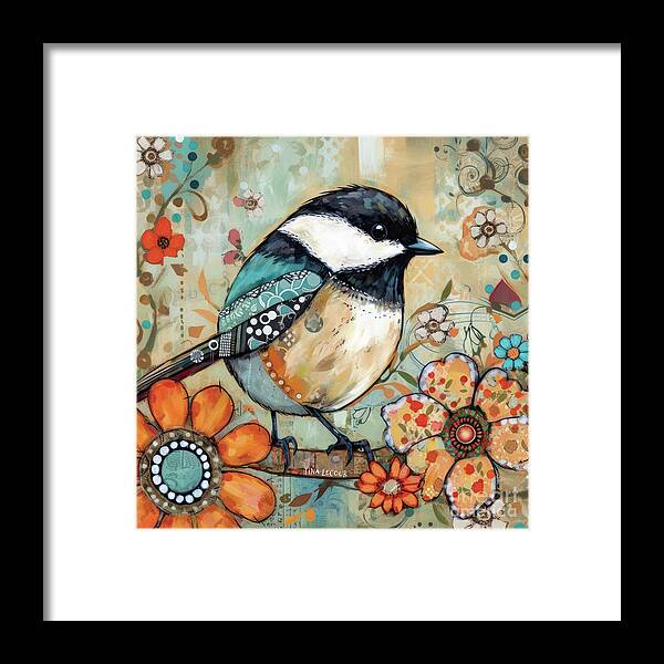 Black Capped Chickadee Framed Print featuring the painting Whimsical Black Capped Chickadee by Tina LeCour