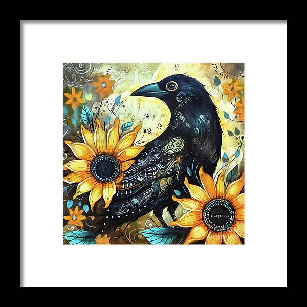Black Crow Framed Print featuring the painting Whimsical Black Crow by Tina LeCour