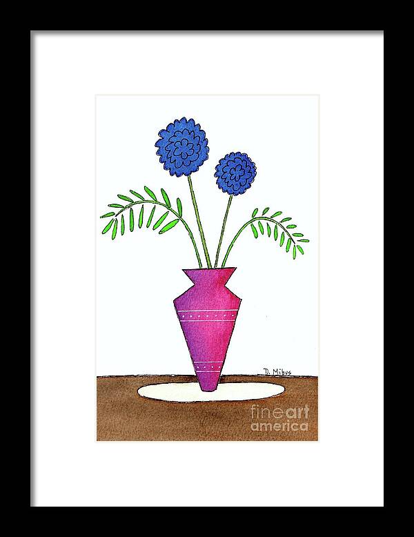 Mid Century Modern Flowers Framed Print featuring the painting Whimsical Blue Flowers in Pinkish Purple Vase by Donna Mibus
