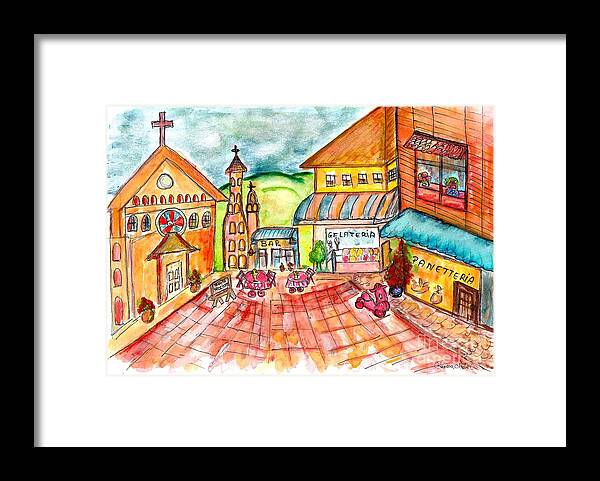 Whimsical Framed Print featuring the painting Whimsical Piazza in Tuscany Italy by Ramona Matei