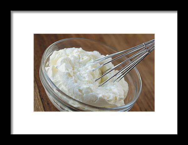 Milk Framed Print featuring the photograph Whipped cream and whisk in glass bowl by Billnoll