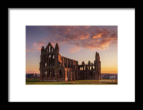 Whitby Yorkshire Framed Print featuring the photograph Whitby Abbey Sunset, North Yorkshire, UK by Neale And Judith Clark