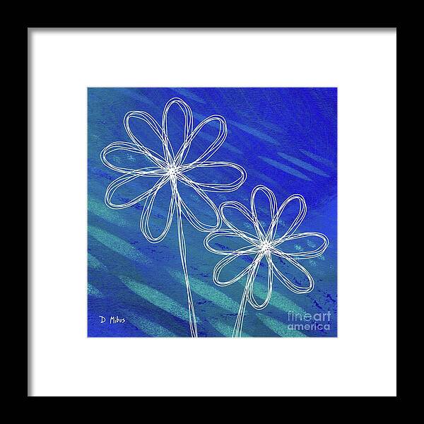 Retro Flowers Framed Print featuring the mixed media White Abstract Flowers on Blue and Green by Donna Mibus
