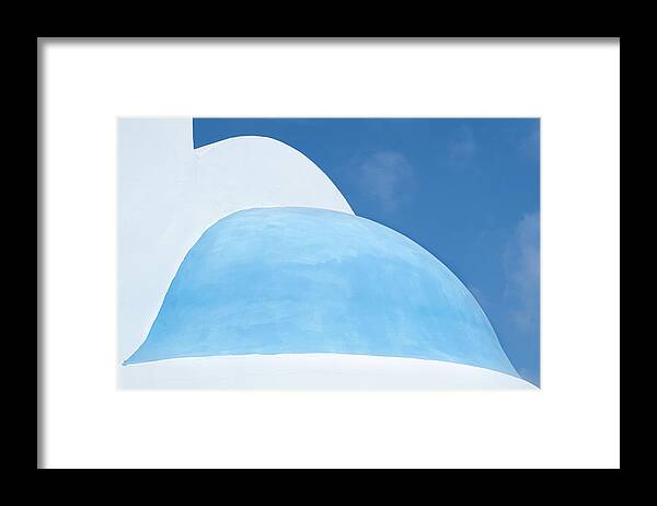 Dome Framed Print featuring the photograph White and blue Christian church dome against blue cloudy sky, Minimal Aesthetic by Michalakis Ppalis