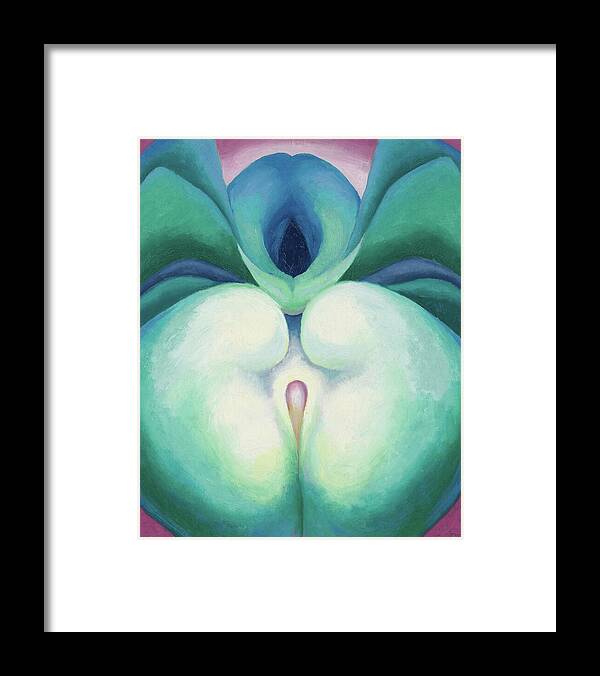 Georgia O'keeffe Framed Print featuring the painting White and blue blower shapes - abstract modernist painting by Georgia O'Keeffe