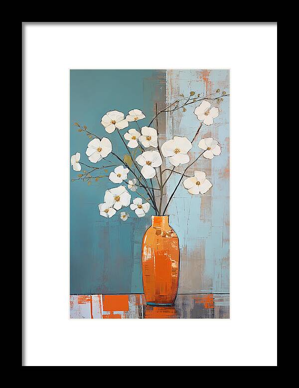 Flower Framed Print featuring the painting White and Turquoise Floral Art by Lourry Legarde
