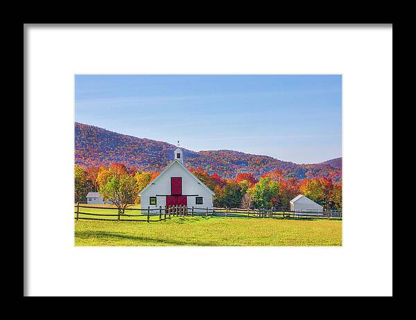 Barns Framed Print featuring the photograph White Barn and Fall Foliage in Warren Vermont by Juergen Roth