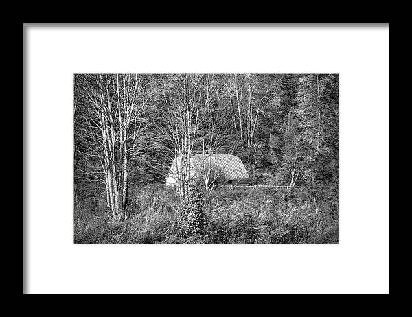 Barns Framed Print featuring the photograph White Barn Farm Creeper Trail in Autumn Fall Black and White Dam by Debra and Dave Vanderlaan