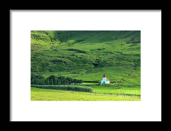 Iceland Framed Print featuring the photograph White church in the mountains, Iceland by Delphimages Photo Creations