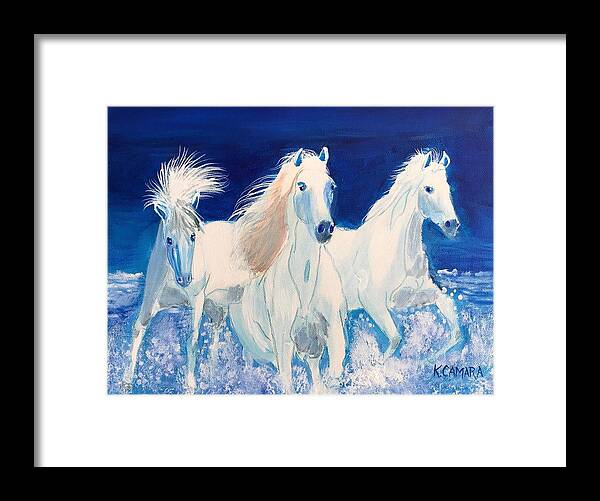 Pets Framed Print featuring the painting White Horses on Beach by Kathie Camara