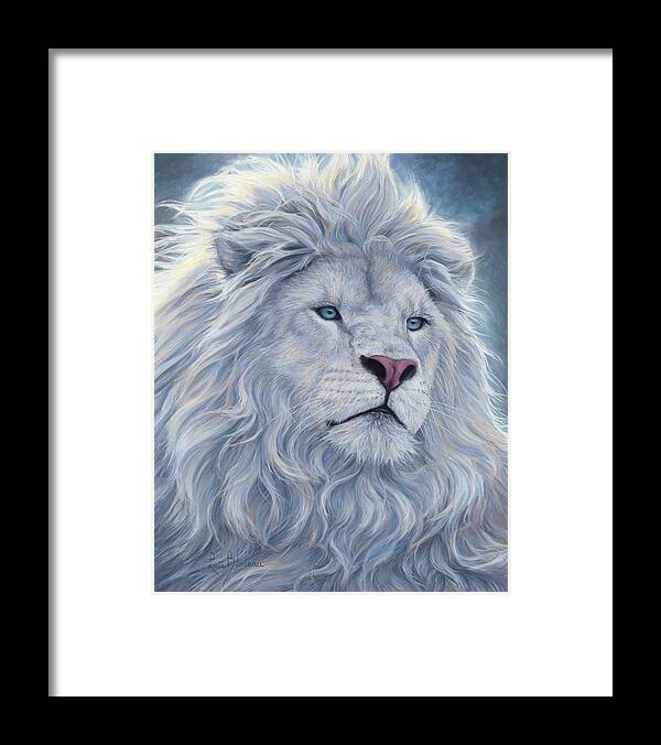 White Lion Framed Print featuring the painting White Lion by Lucie Bilodeau