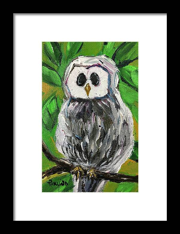 Owl Framed Print featuring the painting White Owl in Foilage by Roxy Rich