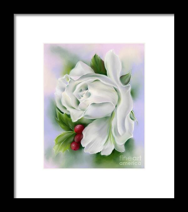 Botanical Framed Print featuring the painting White Rose and Winter Holly by MM Anderson