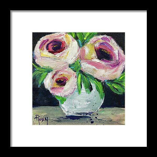 Roses Framed Print featuring the painting White Roses in a White Vase by Roxy Rich