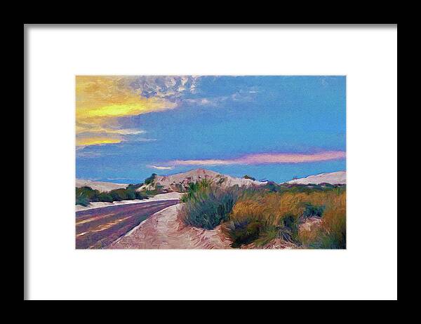 White Sands Framed Print featuring the digital art White Sands New Mexico at Dusk Painting by Tatiana Travelways