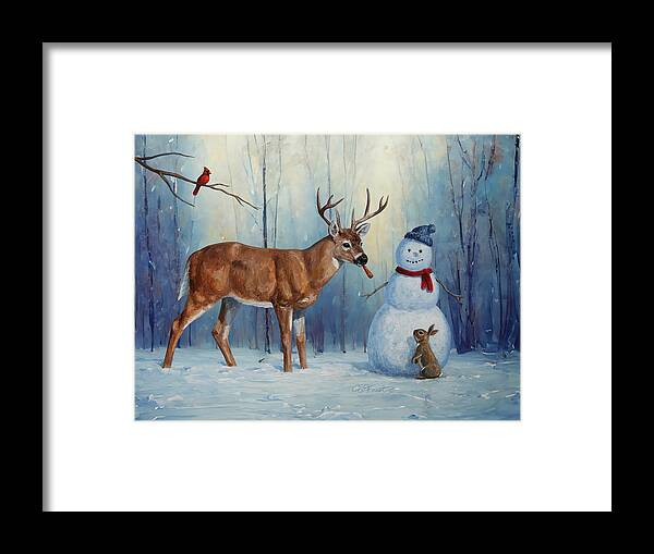 Christmas Framed Print featuring the painting Whitetail Deer and Snowman - Whose Carrot? by Crista Forest