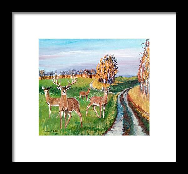 Whitetail Deer Art Framed Print featuring the painting Whitetail Deer Buck Family 4 in Meadow Sonya Allen by Sonya Barnes Allen