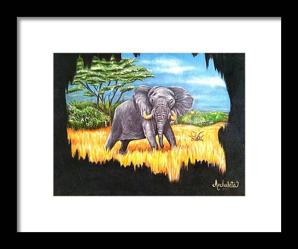 Elephant In It's Habitat Being Watched From A Distance Framed Print featuring the painting Who's Watching Who? by Ruben Archuleta - Art Gallery