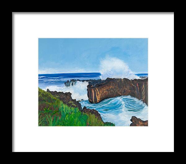 Seascape Maui Ocean Waves Cliffs Framed Print featuring the painting Wild Waves by Santana Star