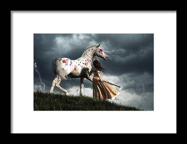 Wild West Framed Print featuring the digital art Wild West Woman and War Horse Watching a Storm by Daniel Eskridge