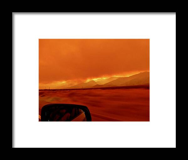 Wildfires 2020 Framed Print featuring the photograph Wildfire Glow evacuating on Hwy395 by Amelia Racca