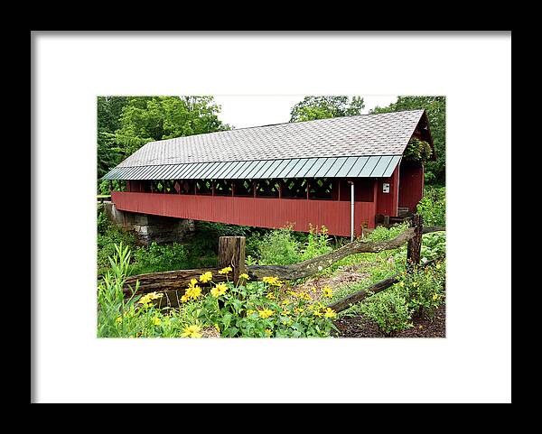 Brattleboro Framed Print featuring the photograph Wildflowers at The Creamery Covered Bridge - Brattleboro, Vermont by Brendan Reals