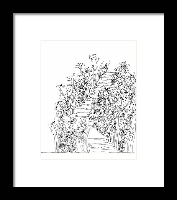 Wildflowers Stairs. Ink Drawing Art Framed Print featuring the drawing Wildflowers Stairs - Ink Drawing Art by Patricia Awapara