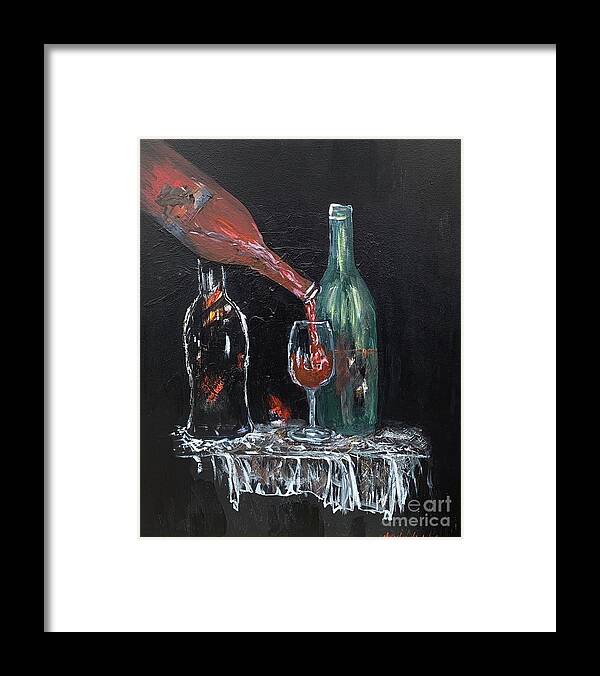 Miroslaw Chelchowski Wine Acrylic Painting On Canvas Print Dark Black Bottle Glass Table Cloth White Green Red Framed Print featuring the painting Wine by Miroslaw Chelchowski