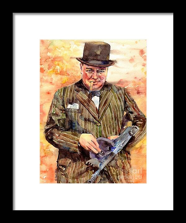 Winston Churchill Framed Print featuring the painting Winston Churchill With A Tommy Gun by Suzann Sines