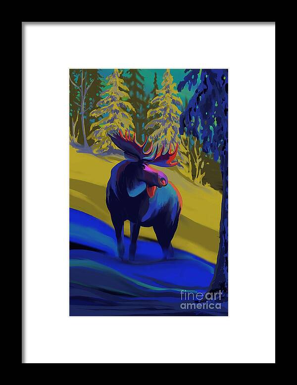 Moose Art Framed Print featuring the painting Winter blue moose by Sassan Filsoof